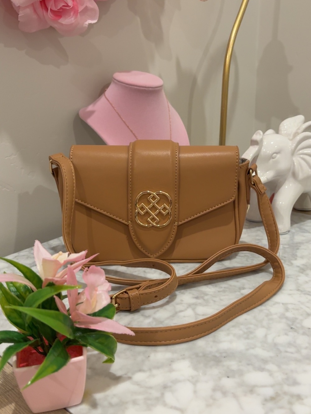 Tan Crossbody Bag with Gold Accent